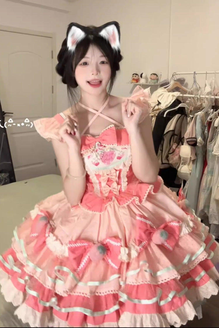 Sweet Lolita Dress - Cream Strawberries, Pink, Printed, Layered, Bow Detail - additional product view 4