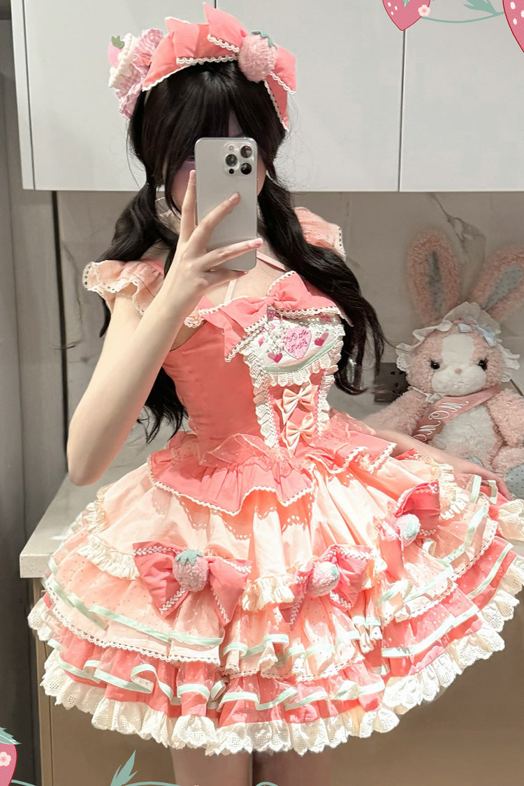 Sweet Lolita Dress - Cream Strawberries, Pink, Printed, Layered, Bow Detail - additional product view 5