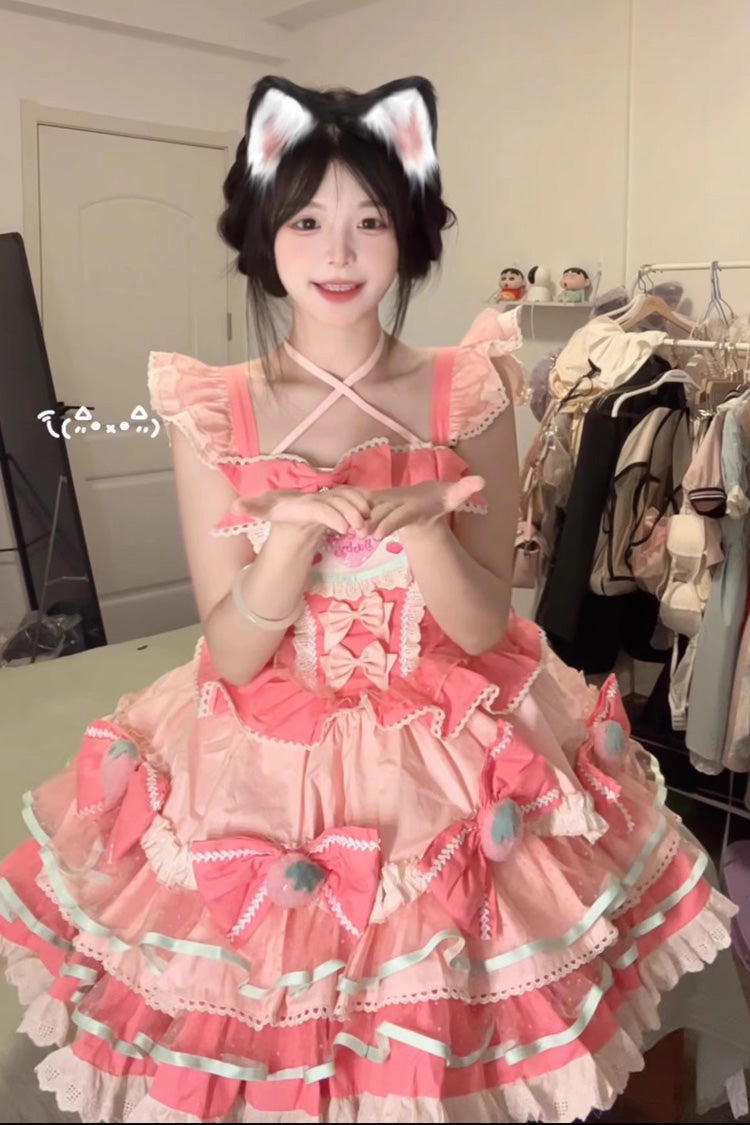 Sweet Lolita Dress - Cream Strawberries, Pink, Printed, Layered, Bow Detail - additional product view 6