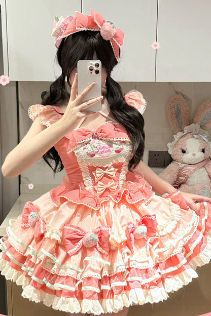 Sweet Lolita Dress - Cream Strawberries, Pink, Printed, Layered, Bow Detail - additional product view 7