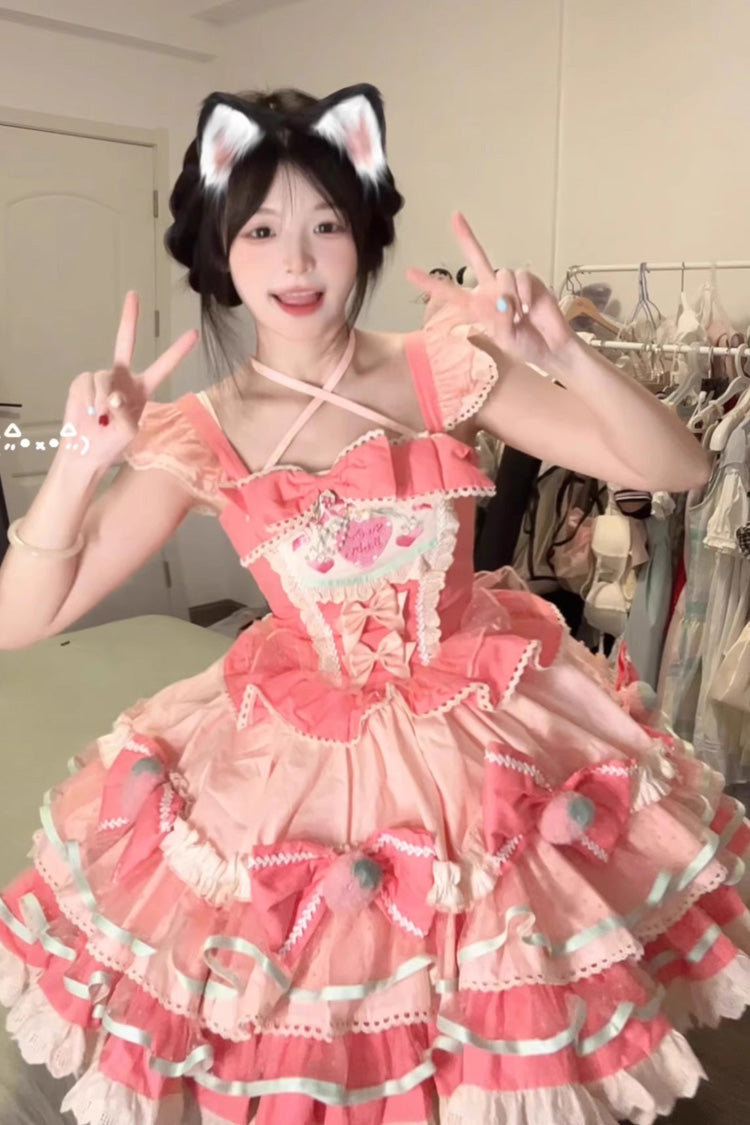 Sweet Lolita Dress - Cream Strawberries, Pink, Printed, Layered, Bow Detail - additional product view 8