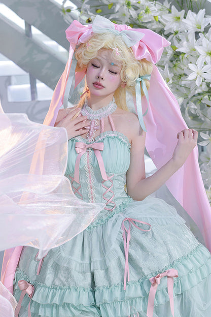 Sweet Lolita Dress - Cross Halterneck Ruffle Bowknot, Green, Lace Trim, Ruffled, Lace-Up - additional product view 2