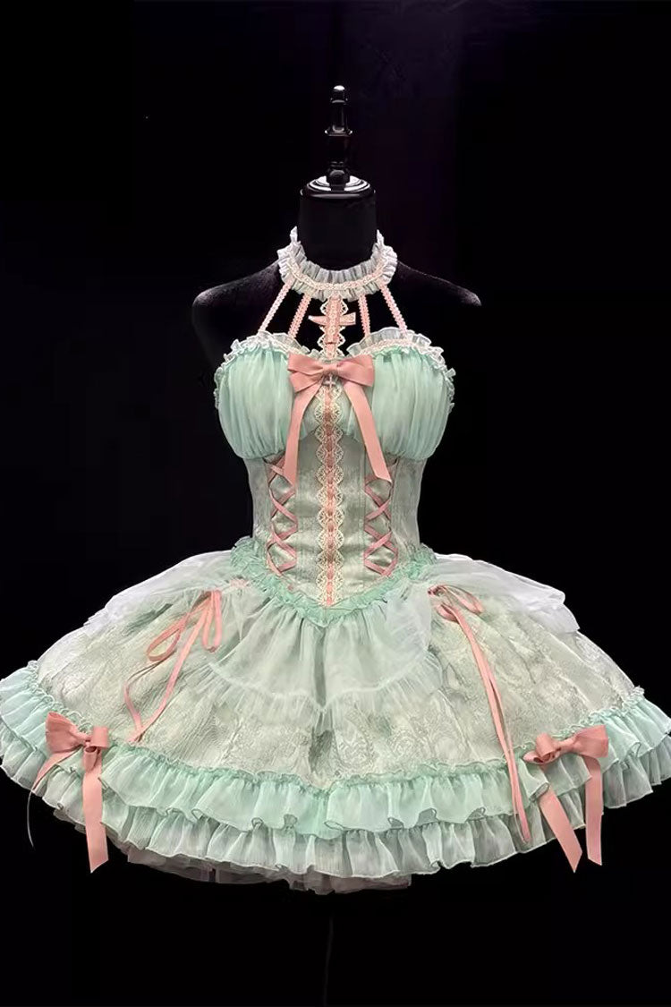 Sweet Lolita Dress - Cross Halterneck Ruffle Bowknot, Green, Lace Trim, Ruffled, Lace-Up - additional product view 3