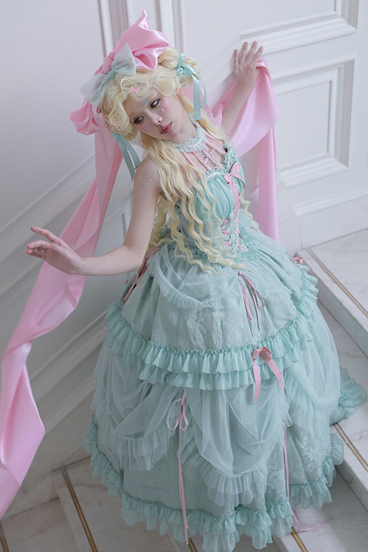 Sweet Lolita Dress - Cross Halterneck Ruffle Bowknot, Green, Lace Trim, Ruffled, Lace-Up - additional product view 4