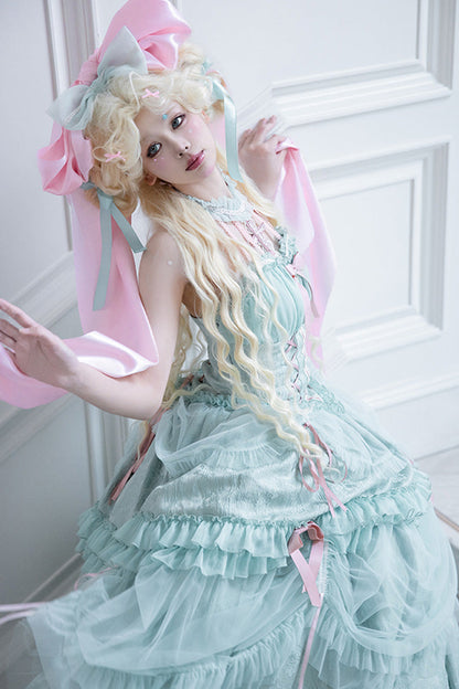 Sweet Lolita Dress - Cross Halterneck Ruffle Bowknot, Green, Lace Trim, Ruffled, Lace-Up - additional product view 5