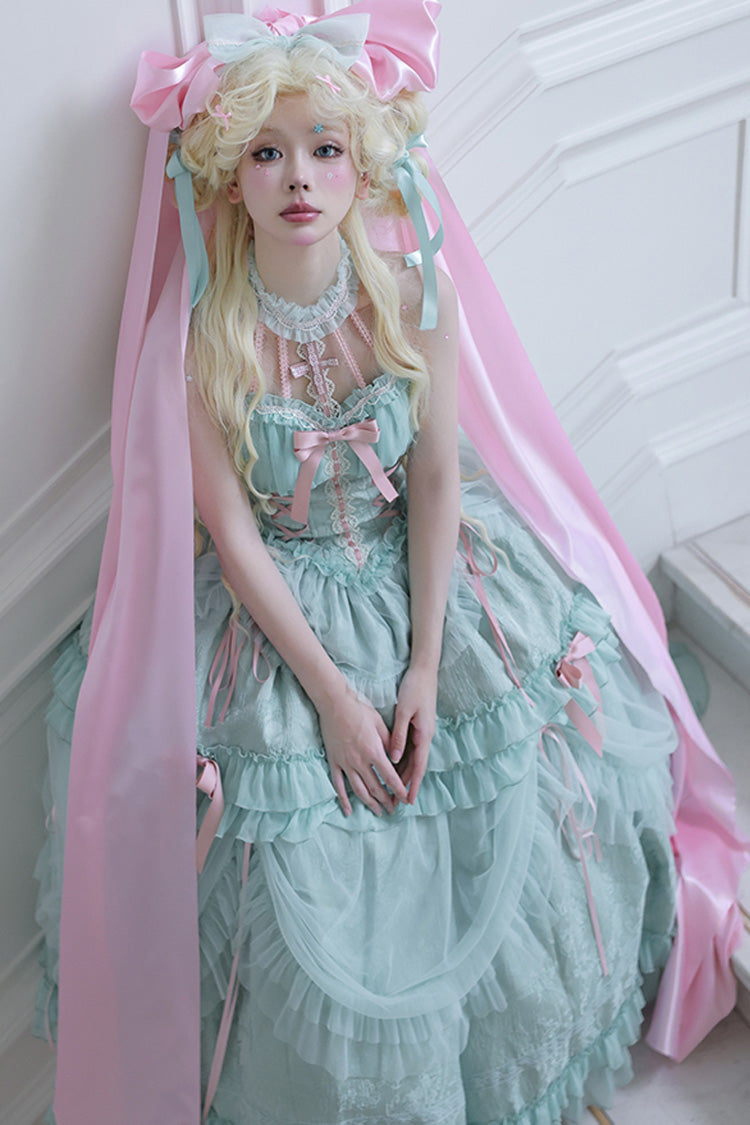 Sweet Lolita Dress - Cross Halterneck Ruffle Bowknot, Green, Lace Trim, Ruffled, Lace-Up - additional product view 6