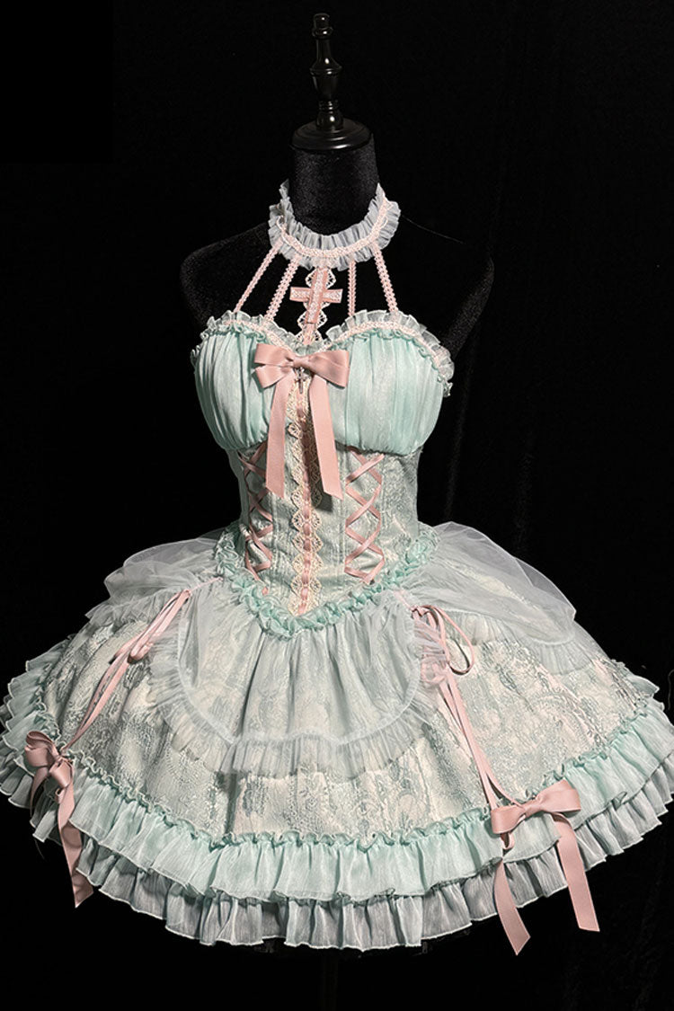 Sweet Lolita Dress - Cross Halterneck Ruffle Bowknot, Green, Lace Trim, Ruffled, Lace-Up - additional product view 7