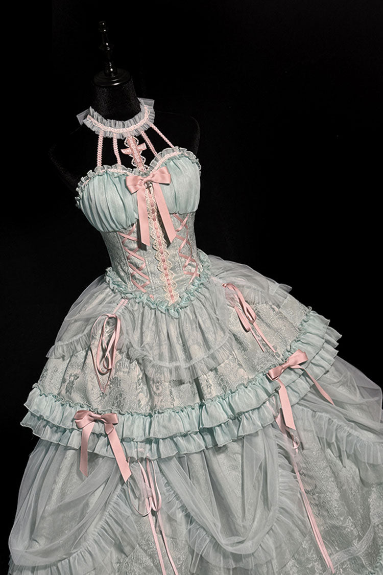 Sweet Lolita Dress - Cross Halterneck Ruffle Bowknot, Green, Lace Trim, Ruffled, Lace-Up - additional product view 9