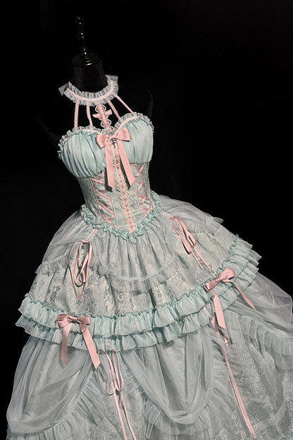 Sweet Lolita Dress - Cross Halterneck Ruffle Bowknot, Green, Lace Trim, Ruffled, Lace-Up - additional product view 9