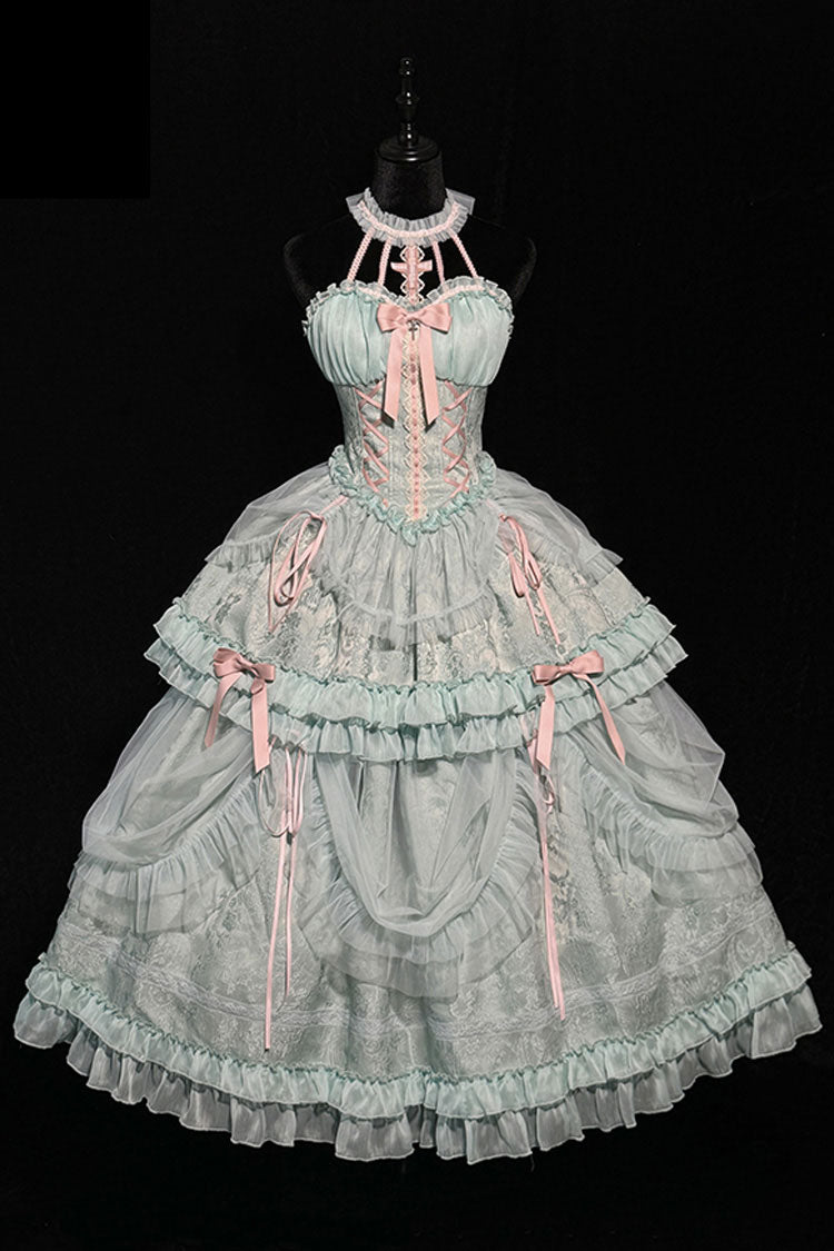 Sweet Lolita Dress - Cross Halterneck Ruffle Bowknot, Green, Lace Trim, Ruffled, Lace-Up - additional product view 10