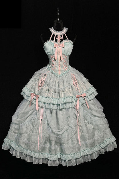Sweet Lolita Dress - Cross Halterneck Ruffle Bowknot, Green, Lace Trim, Ruffled, Lace-Up - additional product view 10