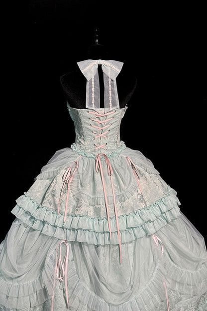 Sweet Lolita Dress - Cross Halterneck Ruffle Bowknot, Green, Lace Trim, Ruffled, Lace-Up - additional product view 11