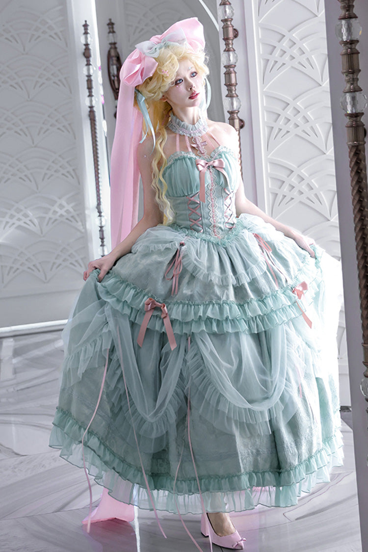 Sweet Lolita Dress - Cross Halterneck Ruffle Bowknot, Green, Lace Trim, Ruffled, Lace-Up - main product image