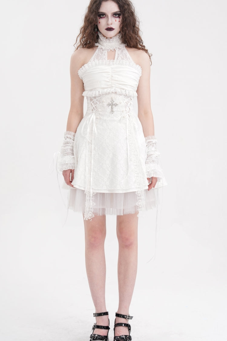 Sweet Lolita Dress - Cross Halterneck Ruffle Lace, White, Women's Style, Lace Trim - additional product view 2