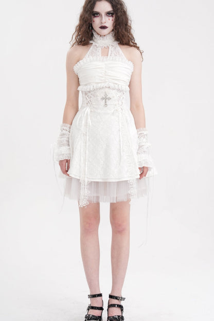 Sweet Lolita Dress - Cross Halterneck Ruffle Lace, White, Women's Style, Lace Trim - additional product view 2
