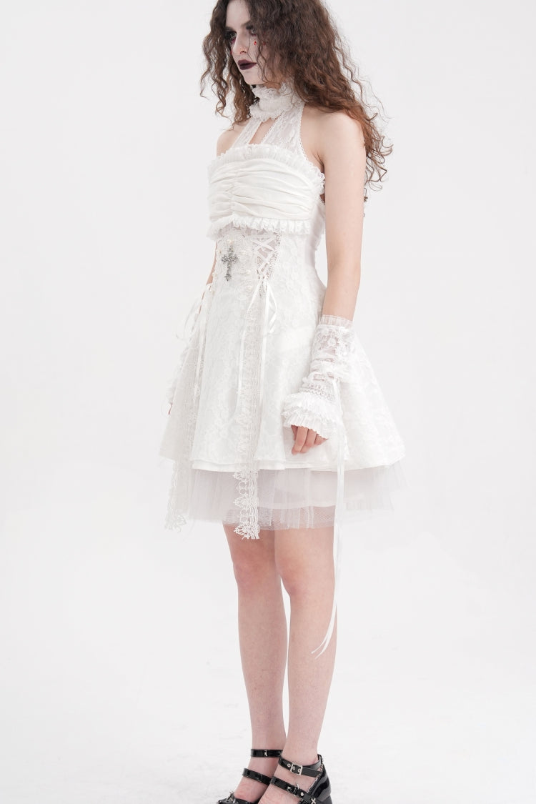 Sweet Lolita Dress - Cross Halterneck Ruffle Lace, White, Women's Style, Lace Trim - additional product view 6