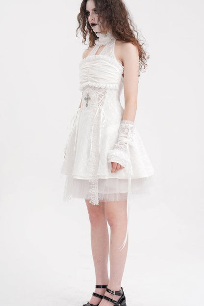 Sweet Lolita Dress - Cross Halterneck Ruffle Lace, White, Women's Style, Lace Trim - additional product view 6