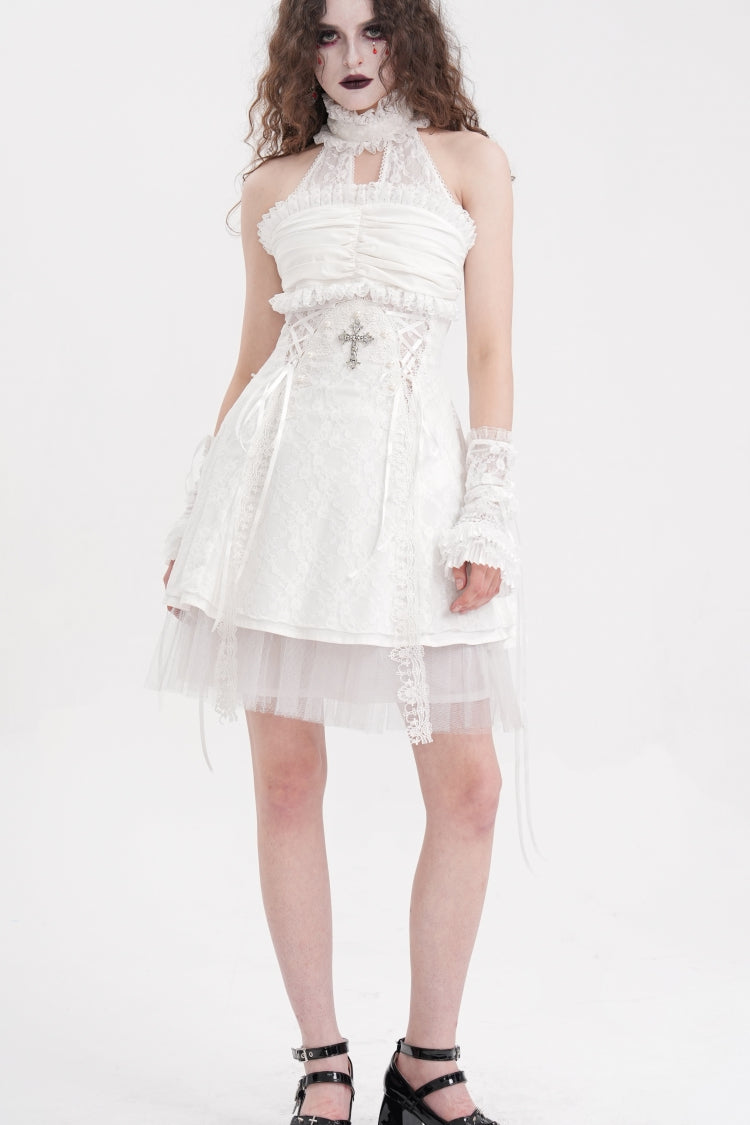 Sweet Lolita Dress - Cross Halterneck Ruffle Lace, White, Women's Style, Lace Trim - main product image