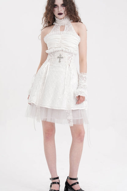 Sweet Lolita Dress - Cross Halterneck Ruffle Lace, White, Women's Style, Lace Trim - main product image