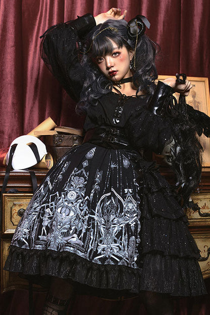 Sweet Lolita Dress - Dark Black Eye Of Red Heart, 2 Colors, High Waist, Printed - additional product view 2