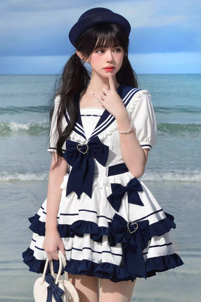 Sweet Lolita Dress - Dark Blue Navy Style, Blue, Ruffled, Bow Detail, Lace Trim - additional product view 2
