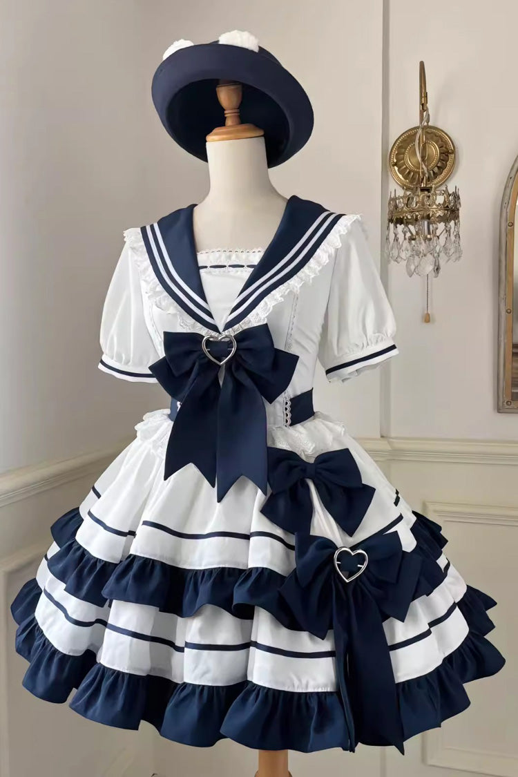 Sweet Lolita Dress - Dark Blue Navy Style, Blue, Ruffled, Bow Detail, Lace Trim - main product image