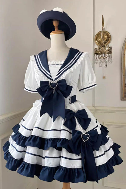 Sweet Lolita Dress - Dark Blue Navy Style, Blue, Ruffled, Bow Detail, Lace Trim - main product image