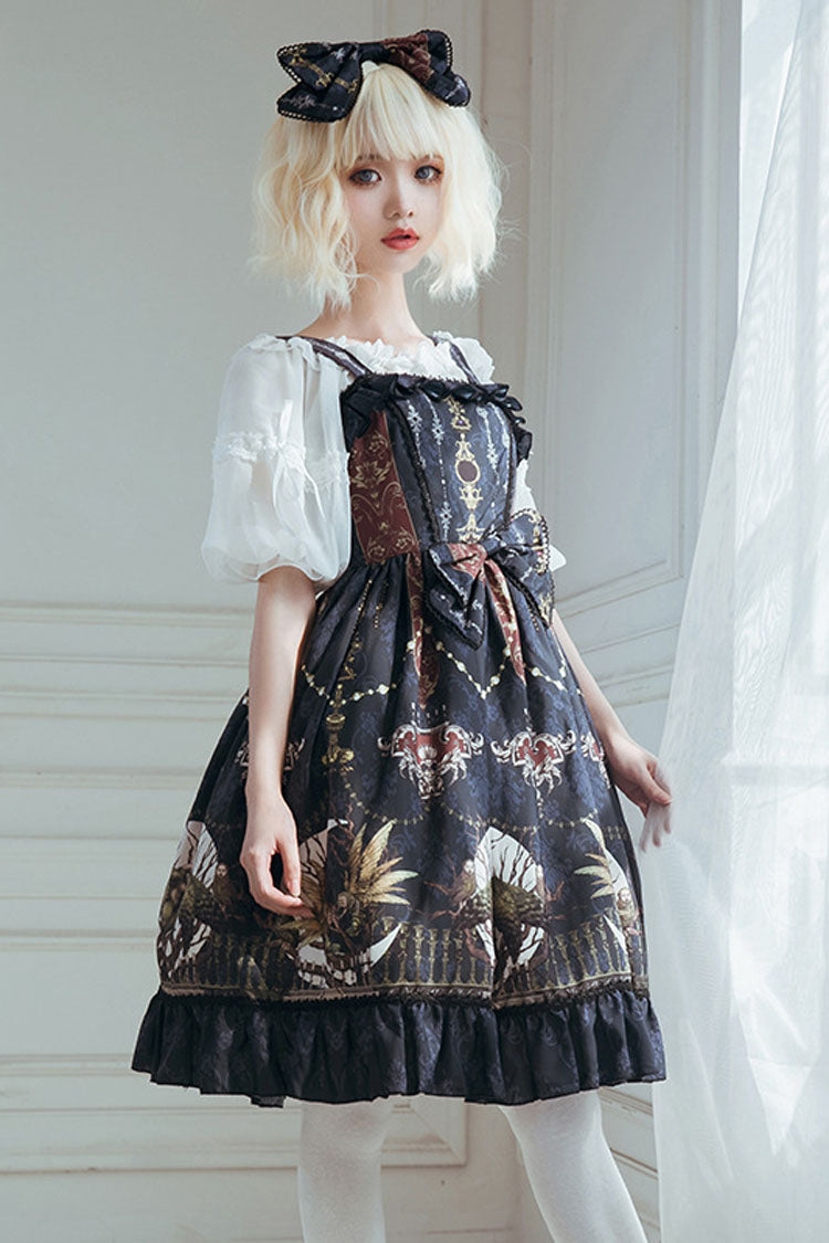 Sweet Lolita Dress - Dark Bule, blue, Bow Detail, Ruffled, Printed - additional product view 2