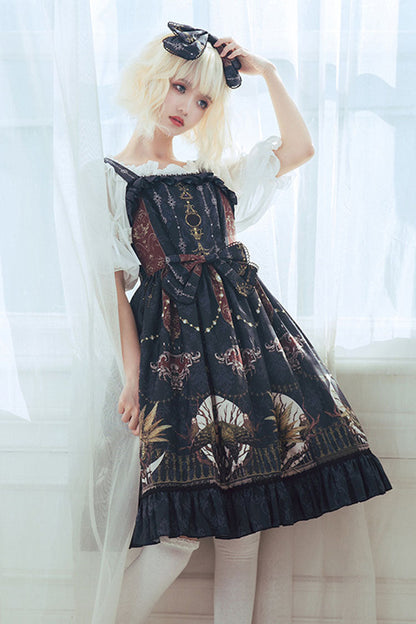 Sweet Lolita Dress - Dark Bule, blue, Bow Detail, Ruffled, Printed - additional product view 3
