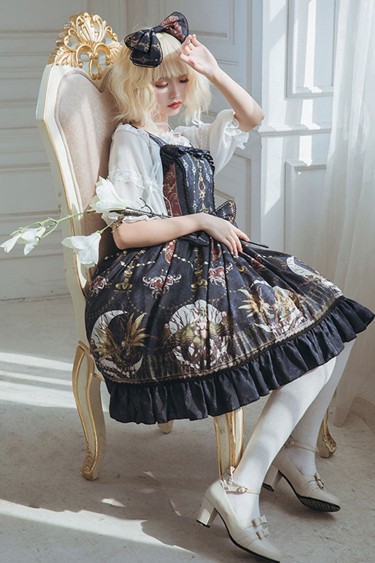 Sweet Lolita Dress - Dark Bule, blue, Bow Detail, Ruffled, Printed - additional product view 4