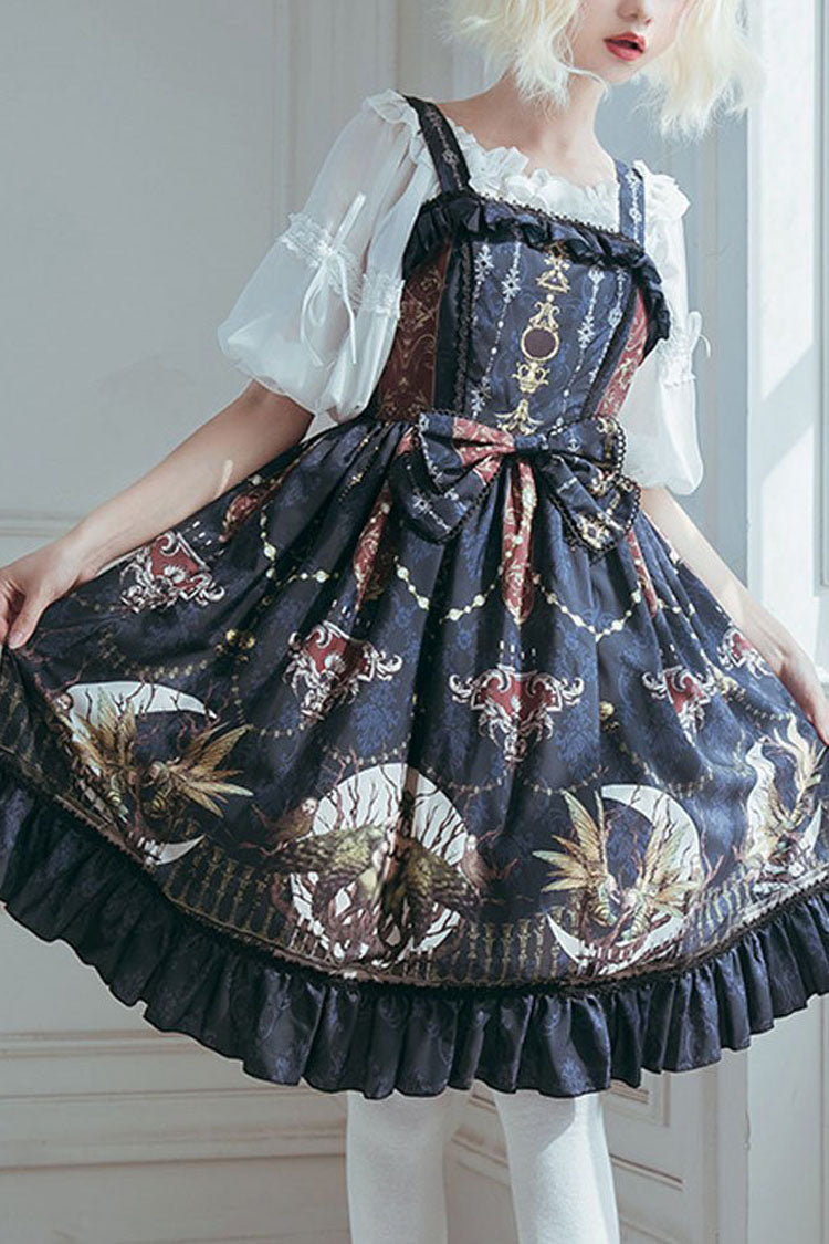 Sweet Lolita Dress - Dark Bule, blue, Bow Detail, Ruffled, Printed - main product image