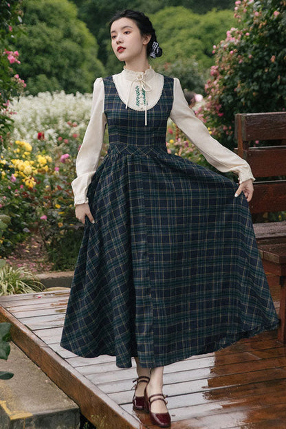 Sweet Lolita Dress - Dark Green Vintage Plaid Print, Green, Plaid, High Waist, Printed - additional product view 2