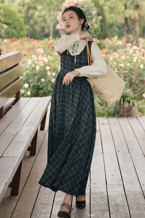 Sweet Lolita Dress - Dark Green Vintage Plaid Print, Green, Plaid, High Waist, Printed - additional product view 3