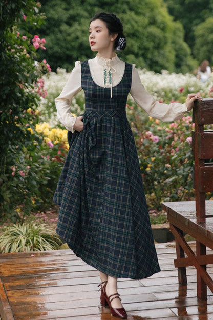 Sweet Lolita Dress - Dark Green Vintage Plaid Print, Green, Plaid, High Waist, Printed - additional product view 4