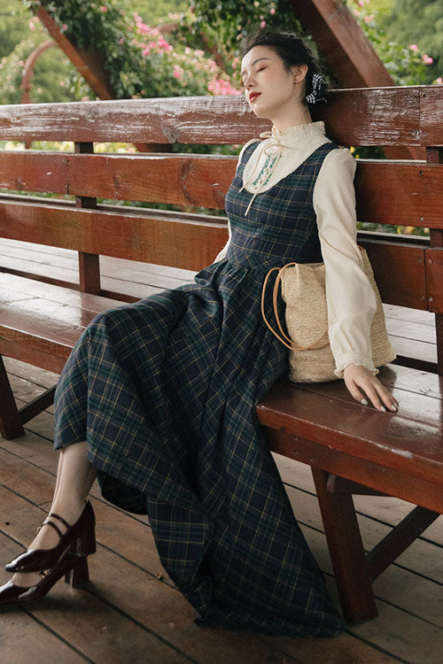Sweet Lolita Dress - Dark Green Vintage Plaid Print, Green, Plaid, High Waist, Printed - additional product view 5