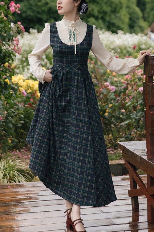 Sweet Lolita Dress - Dark Green Vintage Plaid Print, Green, Plaid, High Waist, Printed - main product image