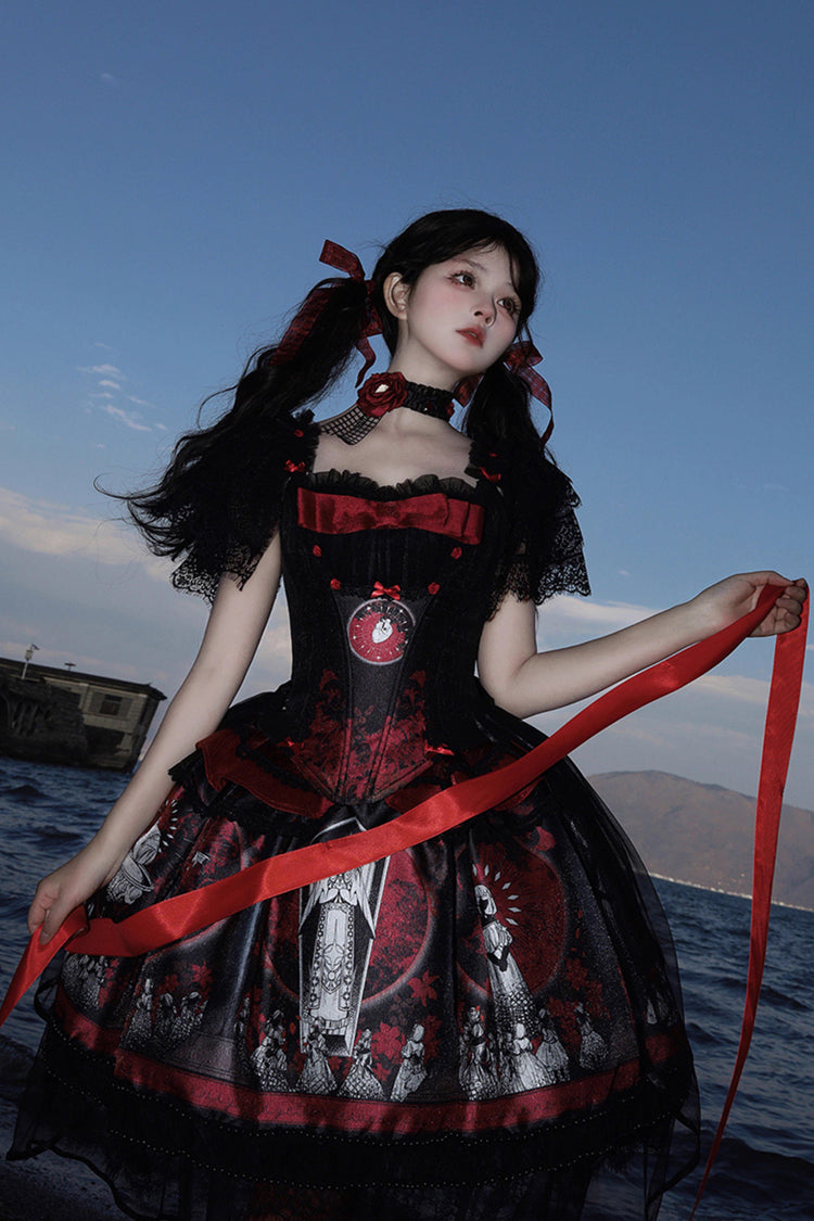 Sweet Lolita Dress - Dark Moon Corridor, Red, Gothic Style, Bow Detail, Printed - additional product view 2