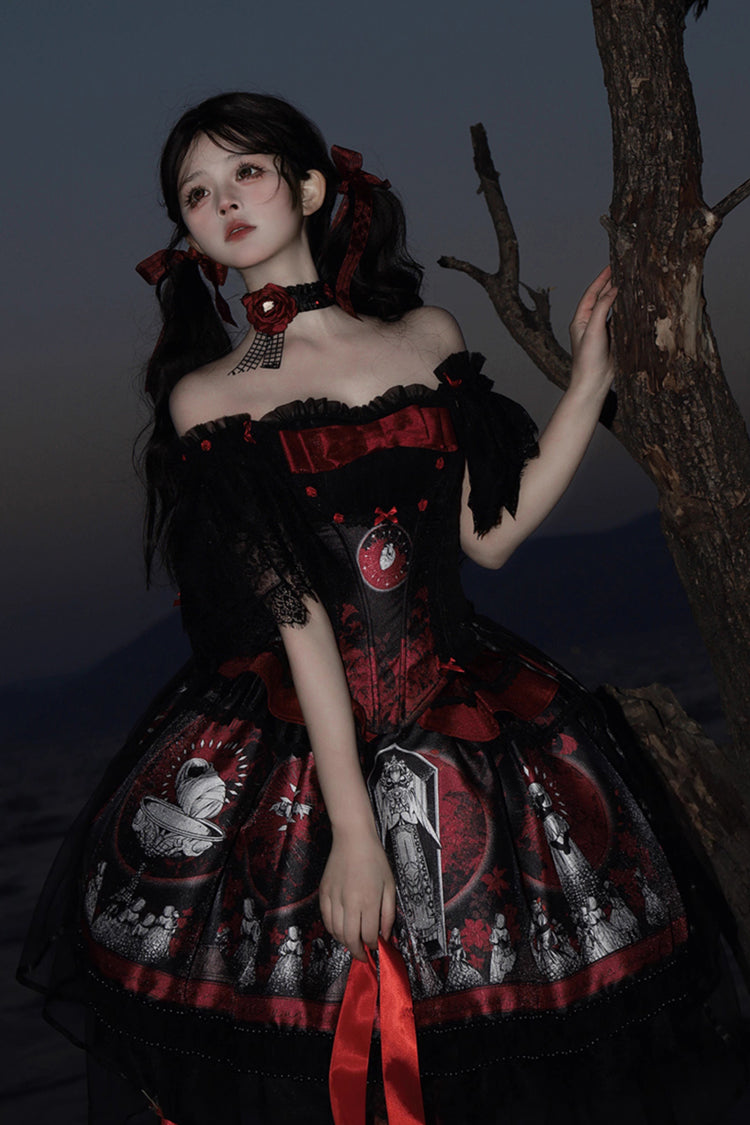 Sweet Lolita Dress - Dark Moon Corridor, Red, Gothic Style, Bow Detail, Printed - additional product view 4