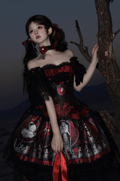 Sweet Lolita Dress - Dark Moon Corridor, Red, Gothic Style, Bow Detail, Printed - additional product view 4