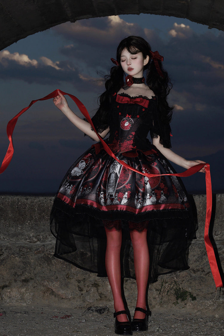 Sweet Lolita Dress - Dark Moon Corridor, Red, Gothic Style, Bow Detail, Printed - additional product view 5