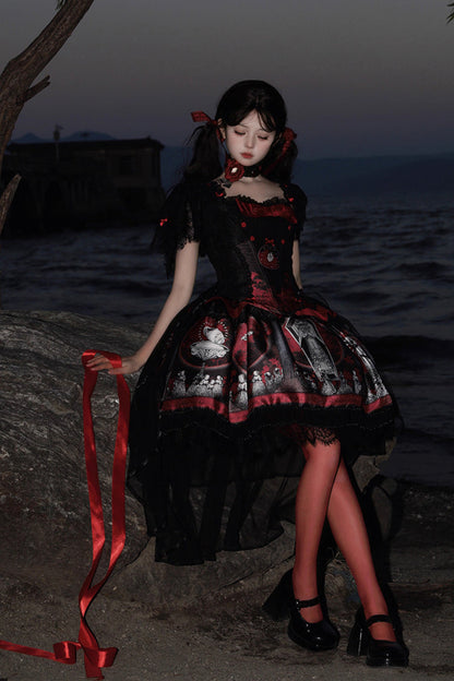 Sweet Lolita Dress - Dark Moon Corridor, Red, Gothic Style, Bow Detail, Printed - additional product view 6