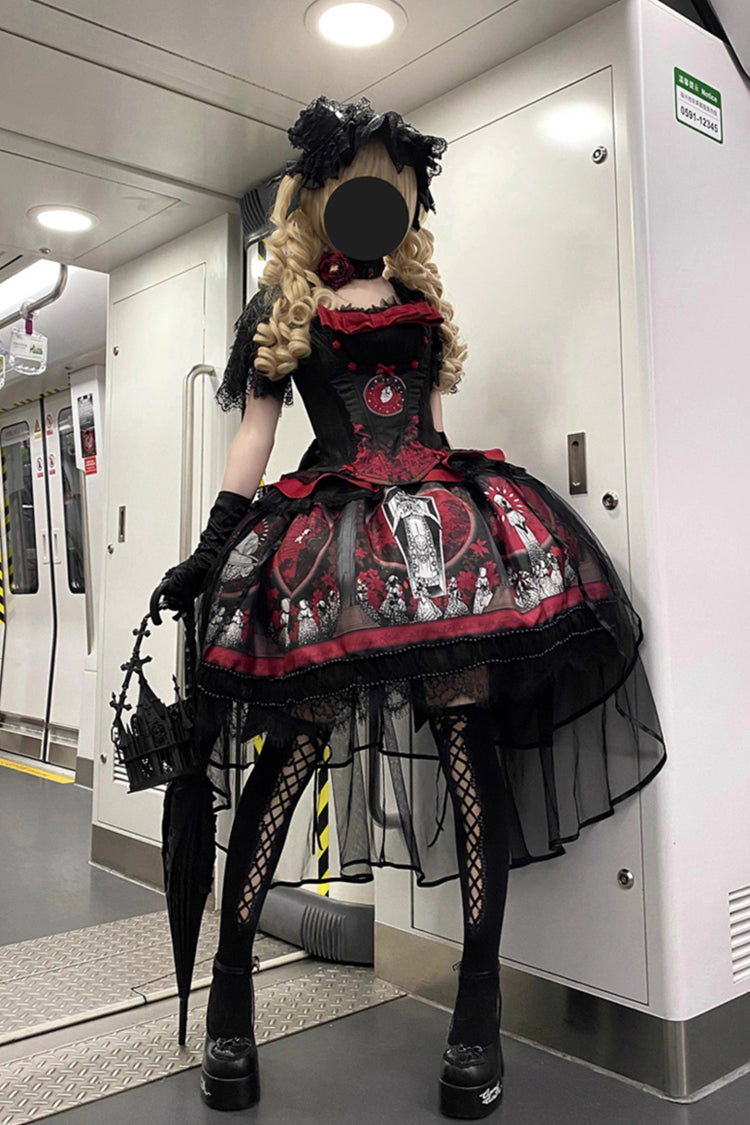 Sweet Lolita Dress - Dark Moon Corridor, Red, Gothic Style, Bow Detail, Printed - additional product view 7
