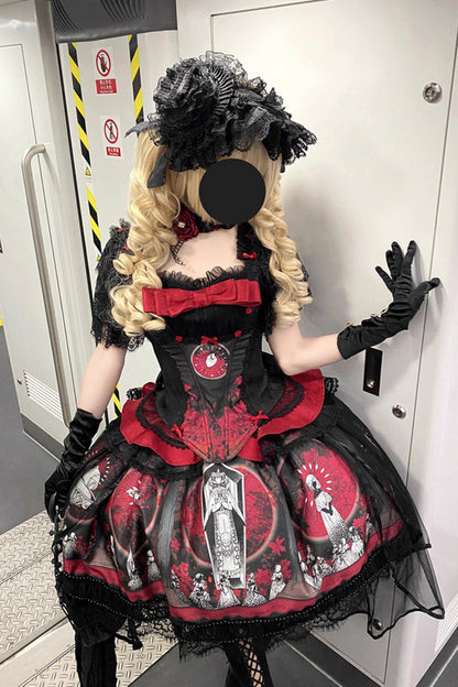 Sweet Lolita Dress - Dark Moon Corridor, Red, Gothic Style, Bow Detail, Printed - additional product view 8