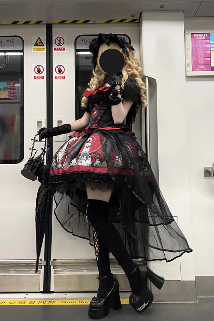 Sweet Lolita Dress - Dark Moon Corridor, Red, Gothic Style, Bow Detail, Printed - additional product view 9