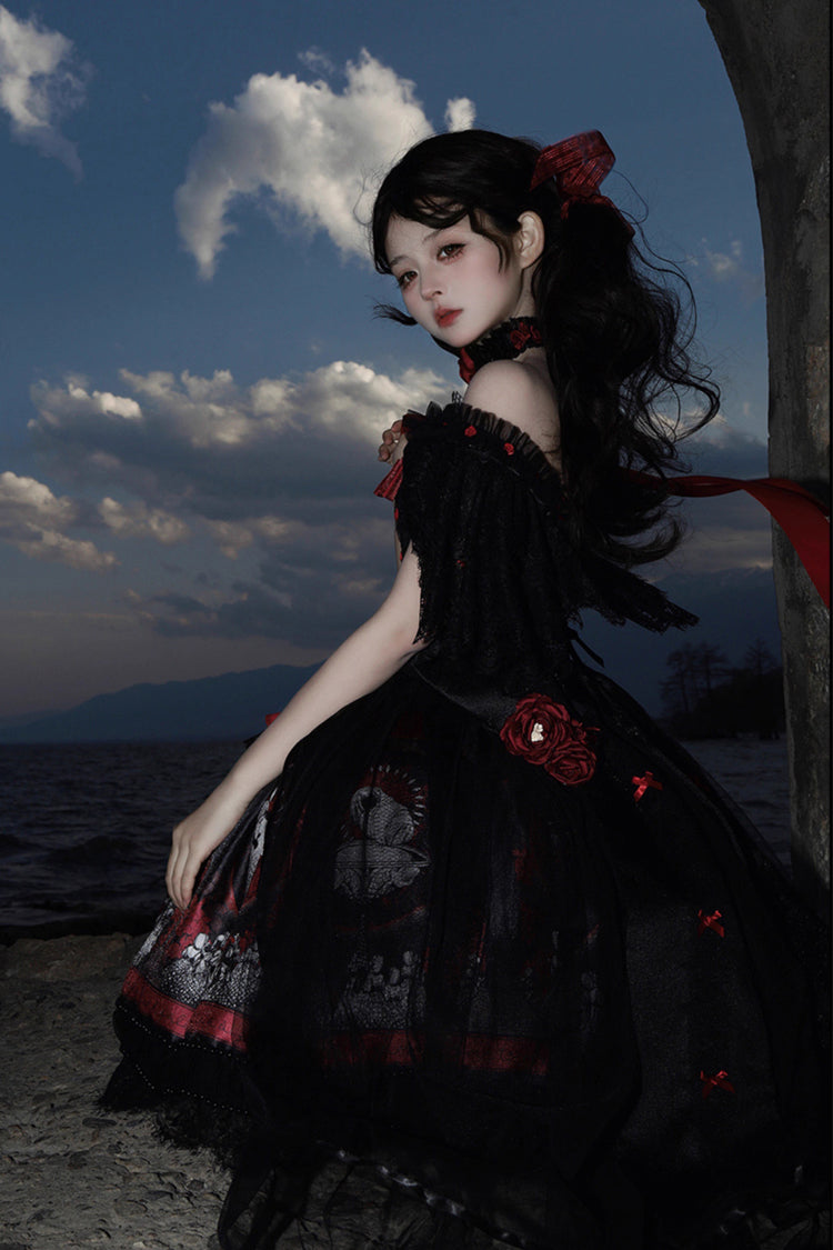 Sweet Lolita Dress - Dark Moon Corridor, Red, Gothic Style, Bow Detail, Printed - additional product view 12