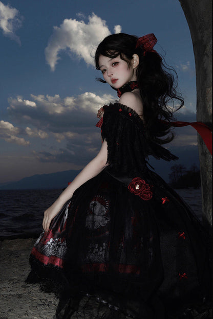 Sweet Lolita Dress - Dark Moon Corridor, Red, Gothic Style, Bow Detail, Printed - additional product view 12