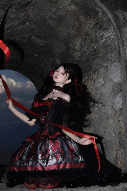Sweet Lolita Dress - Dark Moon Corridor, Red, Gothic Style, Bow Detail, Printed - additional product view 13