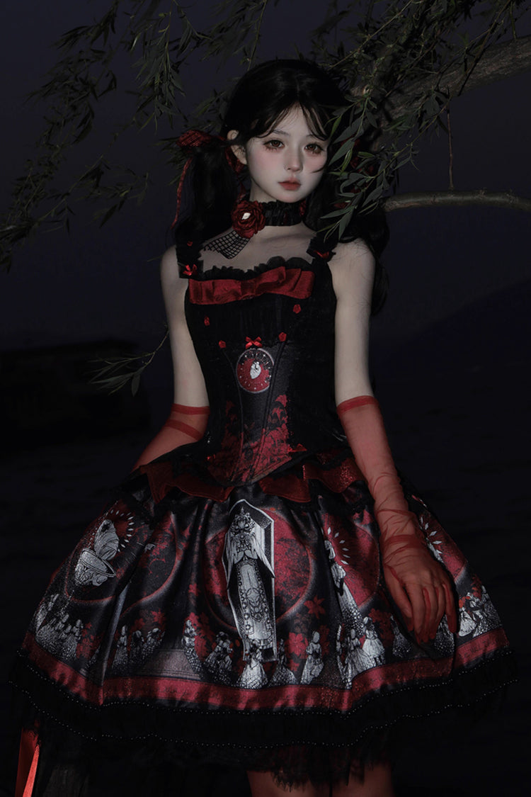 Sweet Lolita Dress - Dark Moon Corridor, Red, Gothic Style, Bow Detail, Printed - main product image