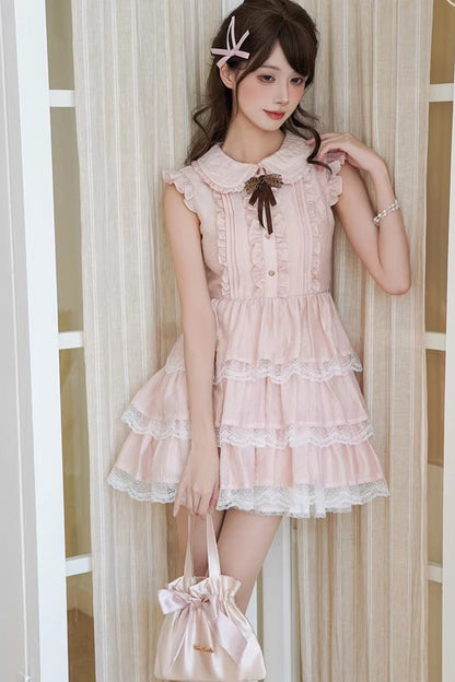 Sweet Lolita Dress - Doll Collar Triple-layered, Pink, Lace Trim, Ruffled, Bow Detail - additional product view 2