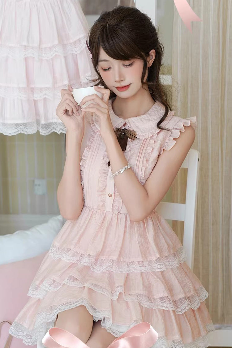 Sweet Lolita Dress - Doll Collar Triple-layered, Pink, Lace Trim, Ruffled, Bow Detail - additional product view 3